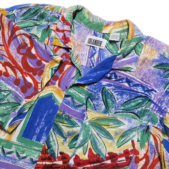 80s Vintage Islander Abstract Tiki Tropical Floral Hawaiian Shirt Mens L - Picture 1 of 13